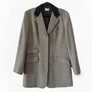 Vintage DKNY Houndstooth Long Blazer 14 100% Wool Suede Collar